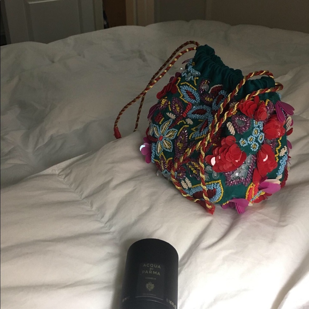Zara Teal Embroidered Floral Mini Bag with Red Sequin Accents